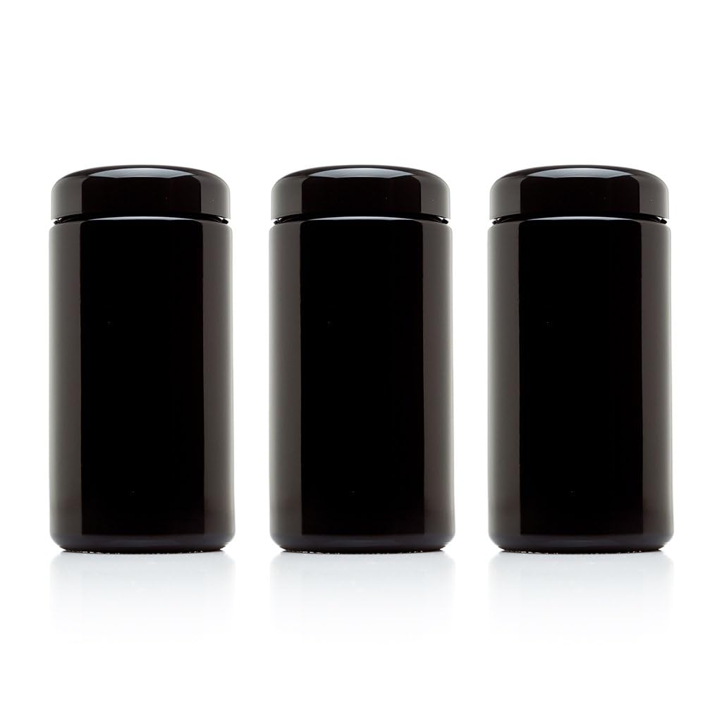 Infinity Jars Classic Black Glass Jar 1 Liter (34 fl oz) Ultraviolet Airtight Smell Proof, Refillable Container, Screw top Jar for Long term storage Coffee, Spices, Dried Goods Jar for Kitchen 3 Pack