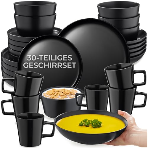 tectake® 30-tlg. Kombiservice, Geschirrset, Tafelservice 6 Personen, Steingut Geschirr Set schwarz...