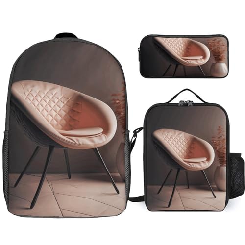 3 Piece Backpack for Women Men Lightweight Causal Daypack Shoulder Bag Set with Insulated Lunch Bag And Pencil Case Organizers Modern Style Chair