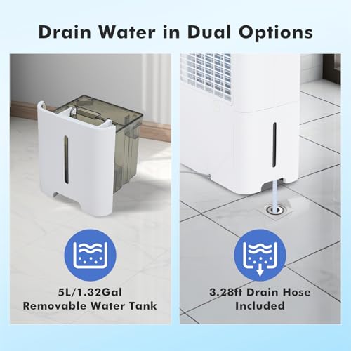 Image of NEWBULIG 80Pints Dehumidifier with Drain Hose, 5,500 Sq.Ft Dehumidifier for Basement, 1.32 Gallon Tank, Low 42dB, Smart Humidity Ring, Ideal Whole House Humidity Remover for Home, Bedroom & Bathroom