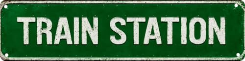 FWBOYSV Train Station Metal Sign 4x16in Vintage Street Plaque for Office Living Room Hallway Indoor House Wall Decor