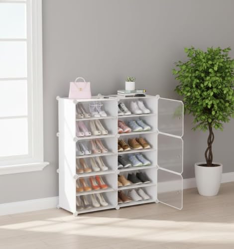 Image of Plastic Shoe Rack for Home with Door | 12-Shelf DIY Shoe Cabinet Organiser | Stores 24 Pairs | Foldable & Waterproof Shoe Stand for Entryway, Bedroom