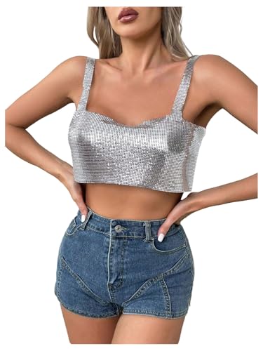 OYOANGLE Womens Y2K Sparkly Cropped Tank Top Metallic Sleeveless Backless Rave Night Out Party Tops Silver Large