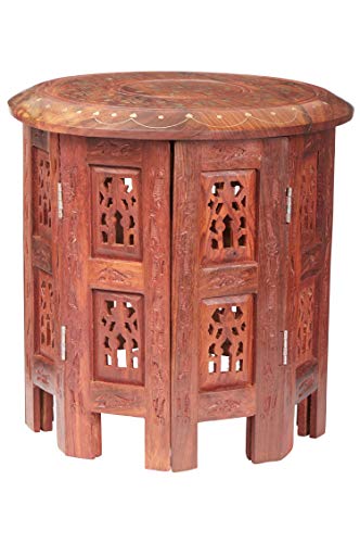 Marokkanischer Tisch Beistelltisch aus Holz Caglanur Braun ø 30cm groß rund | Orientalischer runder Hocker Blumenhocker… – Bild 3