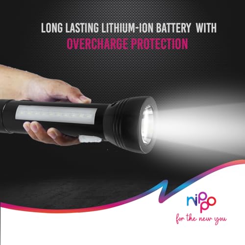 Nippo Nova Rechargeable LED Torch with Side Light | Lithium ion Battery with 2hrs Back |C Type Micro USB| Black - Image 4 thumbnail