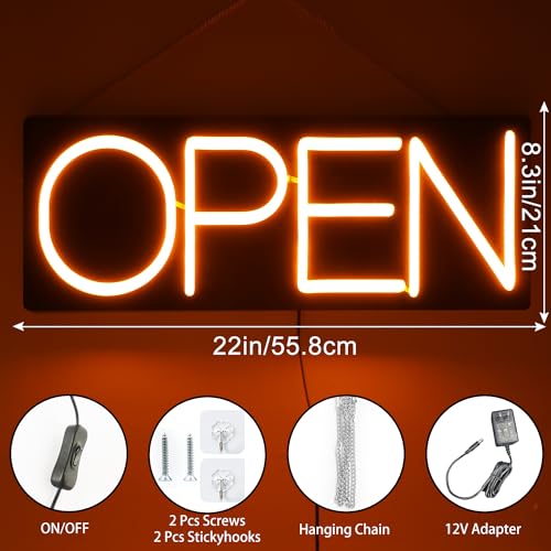 Image of Open Signs for Business 12V /2A Ultra Bright LED Neon Open Sign 22 Inch Electric Light Up Open Sign for Business Storefront Window Glass Door Retail Shop Store Bar Salon Restaurant,Yellow