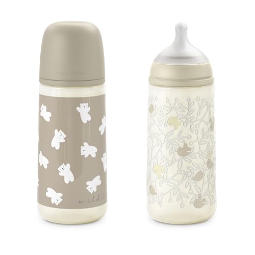 Suavinex, Pack 2 Biberones de 360 ml, Tetina Fisiológica SX Pro de Silicona con Válvula Anticólico, de Flujo Denso (L), Apto Papillas Líquidas. Bebés +6 Meses. Birdies y Wild&Free, Beige