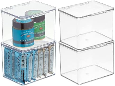 mDesign Plastic Kitchen Pantry and Fridge Storage Organizer Box Containers with Hinged Lid for Shelves or Cabinets, Holds Food, Snacks, Canned Drinks, Seasoning, Condiments, or Utensils, 4 Pack, Clear