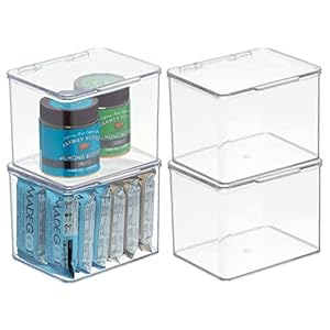 mDesign Plastic Kitchen Pantry and Fridge Storage Organizer Box Containers w/Hinged Lid for Shelves or Cabinets, Holds Food, Snacks, Seasoning, Condiments, Utensils, Lumiere Collection, 4 Pack, Clear