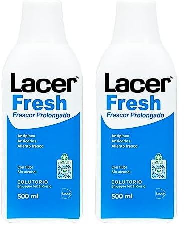 LACERFRESH - Fresh Colutorio 500 ml, Enjuague Bucal Diario, Combate el Mal Aliento, Protección de Encias, sin Alcohol, con Flúor y Triclosán, Sabor Fresco de Efecto Prolongado (Paquete de 2)