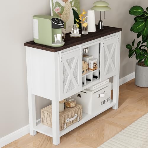 Image of Farmhouse Coffee Bar Cabinet with Storage, Sliding Barn Door Sideboard Buffet, Wine Bottle & Glass Storage Cabinet for Kitchen, Dining Room & Living Room,White