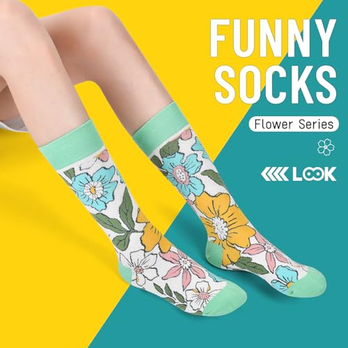 Image of HSELL Womens Novelty Socks with Colorful Flower Design Fancy Gift for Mom Lady Breathable Cotton Socks for Daily Wear