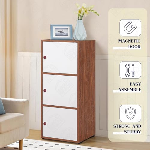 Image of ABOUT SPACE Wooden Book Rack - 3 Tier Storage Cabinet for Living Room with Magnetic Door, Space Saving Book Self for Home, Engineered Wood Cabinet (Oak Red - L 38 x B 38.5 x H 100.5 cm)