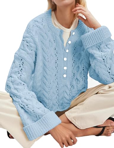 Women's Cable Knit Sweaters Loose Long Sleeve Crewneck Button Sweaters Pullover Casual Fall Outfits Fashion Clothes2