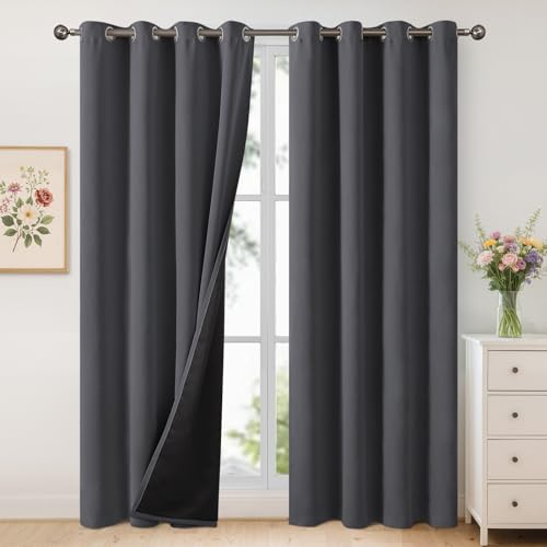 YoungsTex 100% Blackout Curtains for Living Room 84 Inches Long, Double Layer Total Light Blocking Window Drapes for Bedroom Thermal Insulated, 2 Panels, 52 X 84 Inch, Dark Grey