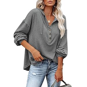 PLOKNRD Hooded Sweater Vrouwen Lange Mouwen Knoppen Pullover met Trekkoord Leisure V-hals Hooded Henley Sweatshirt Classic