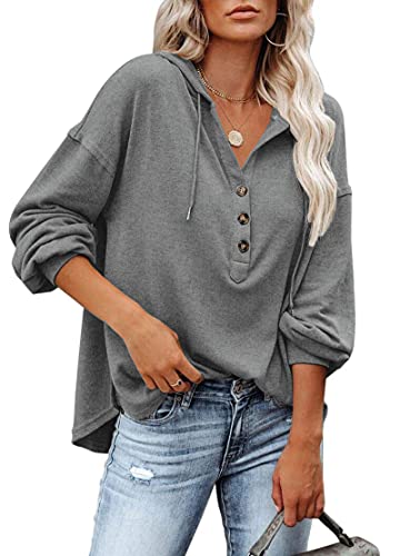 PLOKNRD Kapuzenpullover Damen Langarm Knöpfen Pullover mit Kordelzug...