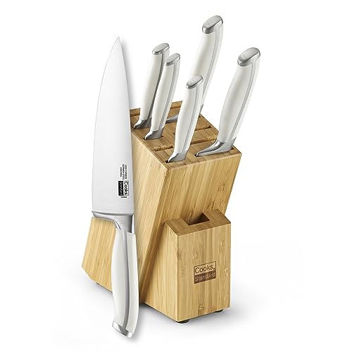 Cooks Standard 6-Piece Kitchen Knife Set - German High Carbon Stainless Steel Forged Blades with Expandable Bamboo Block - White