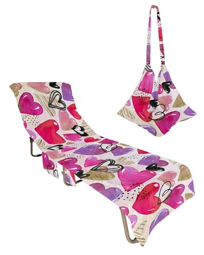 Valentines Love Heart Beach Lounge Chair Towel Cover, Soft Chaise Lounge Towel with Side Pockets Patio Pool Chairs Cover for Beach/Pool Sunbathing 29x85 Watercolor Pink Purple Red Love Heart