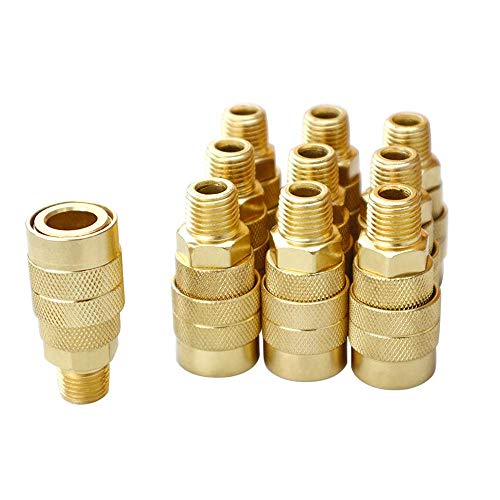 Toolsland 10 Pack Male Air Coupler, 1/4-Inch NPT Thread Quick Connect Air Fittings, Industrial M Style Coupler with Brass Finish for Quickly and Safely Disconnect Air Hose