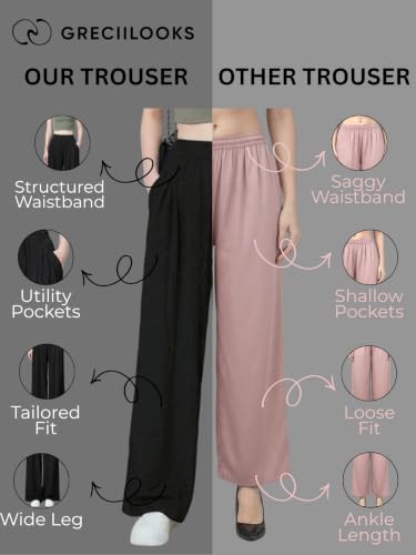 Image of GRECIILOOKS High Waist Polycotton Trousers for Women - Flared Parachute Pants with Side Pockets | Casual Travel Cargo Pants (Available in Plus Size and Value Pack)