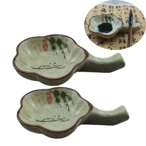 Woonsoon 2 Pcs Multifunctional Inkwell Dish Porcelain Handmade Ink Well Inkstone with Brush Holder for Chinese Japanese Calligraphy Painting Practice