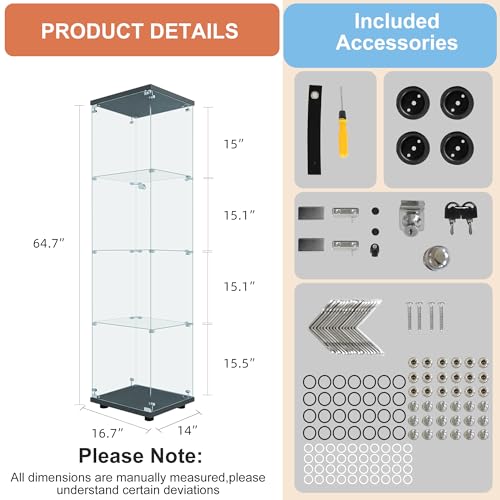 FANYUSHOW Tempered Glass Display Cabinet 4-Shelf Curio Cabinet with Security Lock 5mm Display Shelf Showcase for Living Room/Bedroom/Office- Black 64.7" H x 16.7" L x 14.37" W - Thumbnail 2