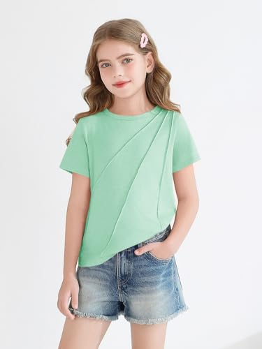 Image of Haloumoning Girls Pleated Short Sleeve T Shirts Kids Summer Fashion Crewneck Tees Tops 5-14 Years