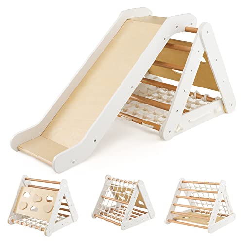 DREAMADE 4 IN 1 Kletterdreieck mit Rutsche und Kletternetz, Holzdreieck Kletterspielzeug aus Holz, Indoor Klettergerüst zum Rutschen und Klettern für Kinder ab 1 Jahr (Weiß)
