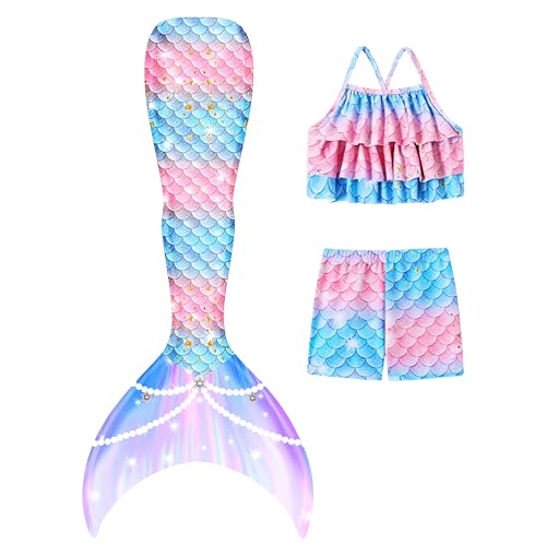 Mermaid Swimsuit for Girls Little Girls Swimsuit Cute Bathing Suits Tankini Swimsuits with Short Pink Fish Tail Size 6 7