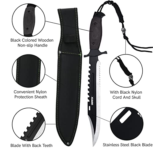 Dispatch Tactical Bowie Survival Hunting Rambo Bushcraft Knife with Protective Sheath Military Combat Fixed Blade, with Black Colored Wooden Handle, for Camping, Hunting, and Adventure, 16" Closed - Thumbnail 6