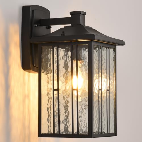 Luminaires de porche extérieurs noirs à effet verre d'eau grand format de 38 cm