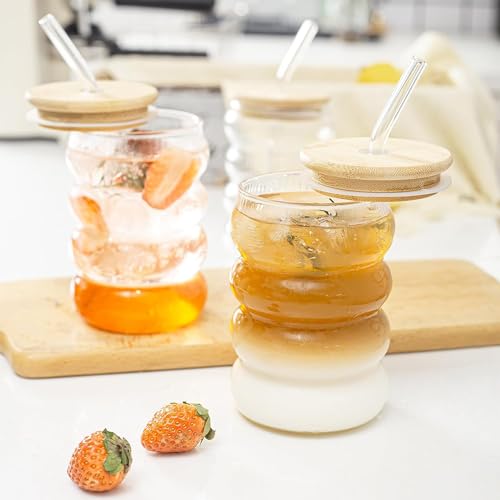 Image of Kamvy Coffee Glass Tumbler with Wooden Lid and Straw Pack of 1, 500ml Reusable Drinking Matcha Glasses Aesthetic Clear Multipurpose Cup for Water Juice Green Iced Tea Boba Home Travel (Wave)