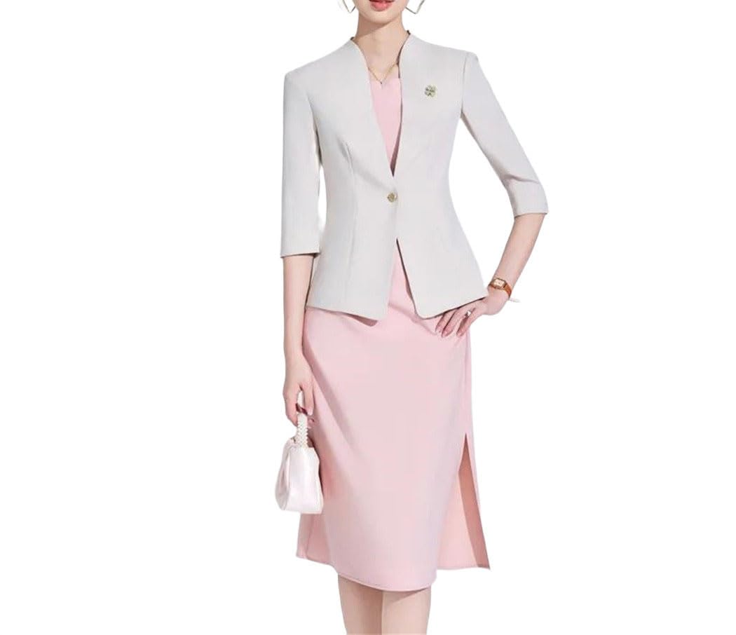 Womens Blazer and Dress Two Piece Set Half Sleeve Slim Single Button Jacket Office Work Outfit