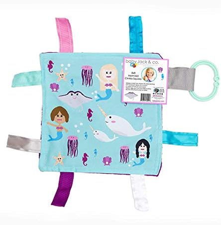 Lovey Chew Blanket Crinkle Toy Tag Square Sensory by Baby Jack (Mermaids and Narwhals)