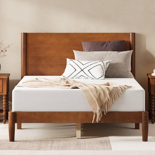 Image of AMERLIFE Solid Wood Full Bed Frame, Mid Century Bed with Headboard, Brown