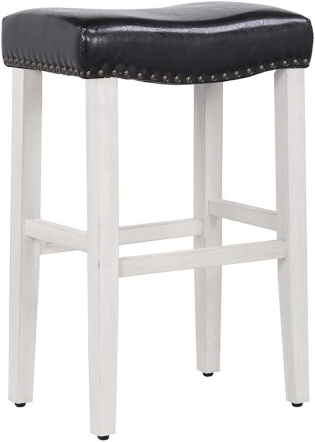 Costaelm 29" Upholstered Counter Height Bar Stools Set of 2, Backless Kitchen Island Stools with Linen Cushion, Wooden Bar Stool Saddle Stool for Dining Room Home Bar Decor, Antique White/Black