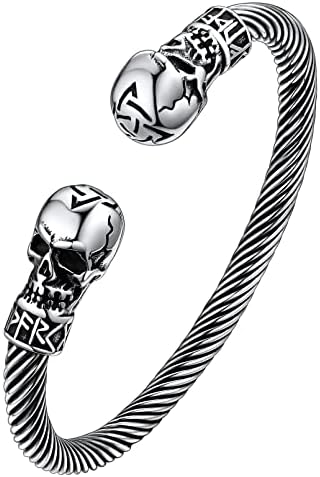 FaithHeart Norse Viking Bracelet Bangles for Men, Vintage Nordic Ravens/Wolf/Dragon Head/Gothic Skull Cuff Bracelets Stainless Steel/Black Plated, With Gift Packaging