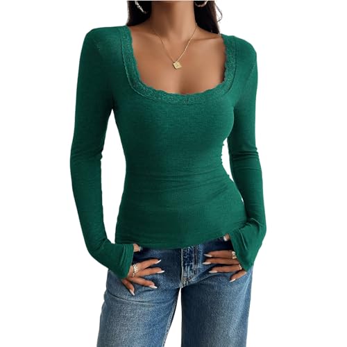T-Shirt à Encolure Carrée pour Dames Vert L | Chemisiers de Base Ajustés