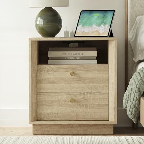 FORTUNETEC Nightstand with Charging Station, Mid Century Modern Nightstand with Wood Grain Texture, Boho End Table with Drawers Storage, Bedside Table for Bedroom Living Room Office, White Oak