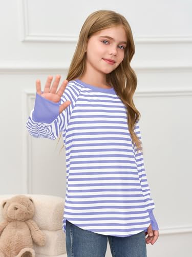 Image of Haloumoning Girls Striped Long Sleeve Shirts 5-14 Years | Thumb Hole, Crewneck, girls tops,Tunic Tops, Curved Hem Tees