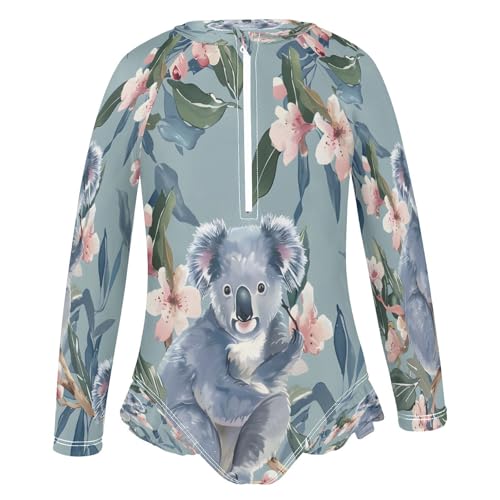 Toddler Girl Long Sleeve Ruffle Swimsuit One Piece Zipper Rash Guard Bathing Suit with UPF 50+ Little Koala2