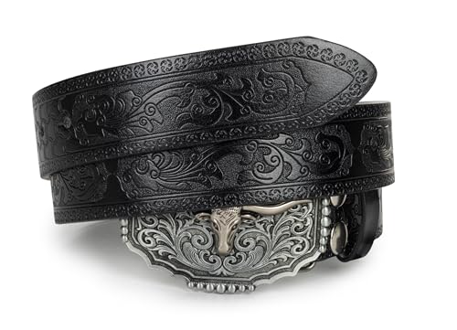 Image of Men's-Western-Leather-Belts Cowboy-Longhorn-Bull-Head-Buckle-Belt Floral-Engraved Waistband for Women