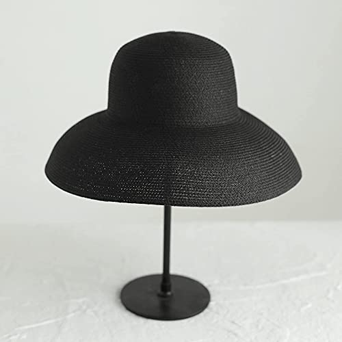 BEFUR Strohhut Damen Sun Große Krempe und Riemen Capeline Braid Sommer UPF50 + Faltbare Strandreise Schwarz