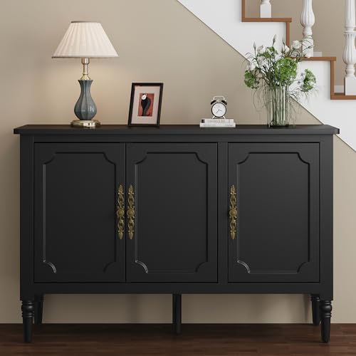 Image of FansaFurn 3-Door Buffet Cabinet with Adjustable Shelves, Accent Sideboard with Turned Legs, Wood Pantry Cabinet, Mid-Century Storage Cabinet for Entryway, Living Room, Dining Room, Black
