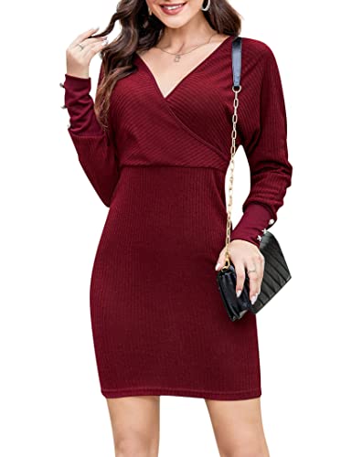 KOJOOIN Vestido de Otoño para Mujer con Cuello en V de Túnica Manga Largade Jersey Cálido Mini Vestido Manga de Murciélago Vestidos Casuales Rojo M Cover