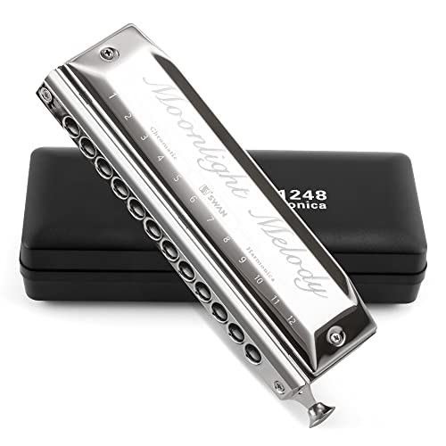 SWAN Chromatic Harmonica 12 Holes Deluxe Harmonica C Key with Slider and Valve - 12 Hole 48 Tone for Adults Beginners Students Professional Harmonica Key of C, Polished Silver (Moonlight Melody)