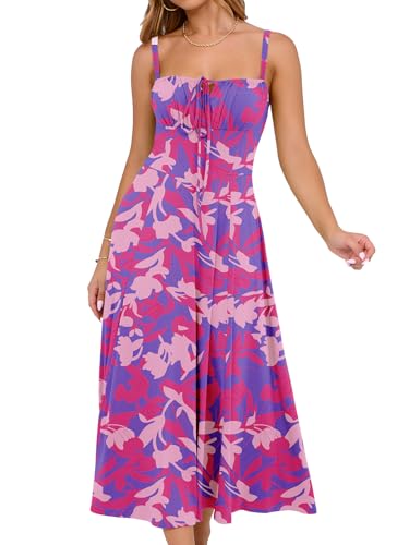 Image of YATHON Women's Summer Midi Corset Boho Dresses Spring Casual Floral Spaghetti Straps Lace Up Dress Flowy Aline Beach Sundress