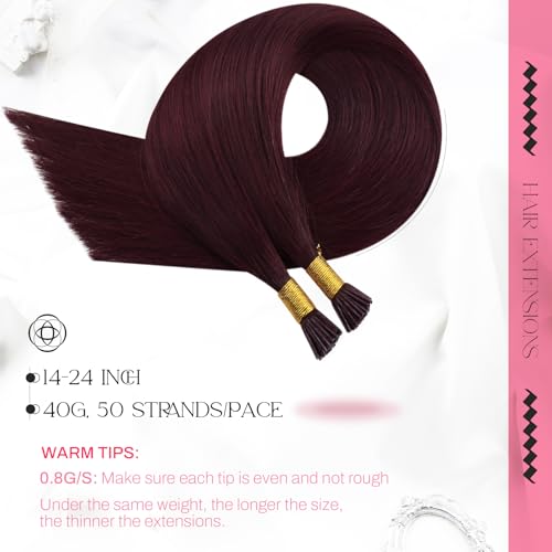 Image of Moresoo I Tip Hair Extensions Human Hair Dark Red, 20 Inch | 40G 50 Strands, Long Straight, Adds Length and Volume, for Festival and Fashion Looks