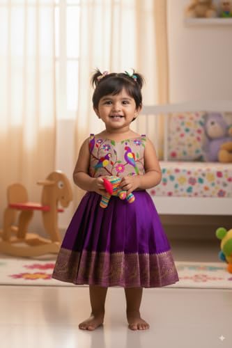 Image of South Indian Traditional Pattu Pavadai Jacquard Frock Dress for Baby Girls